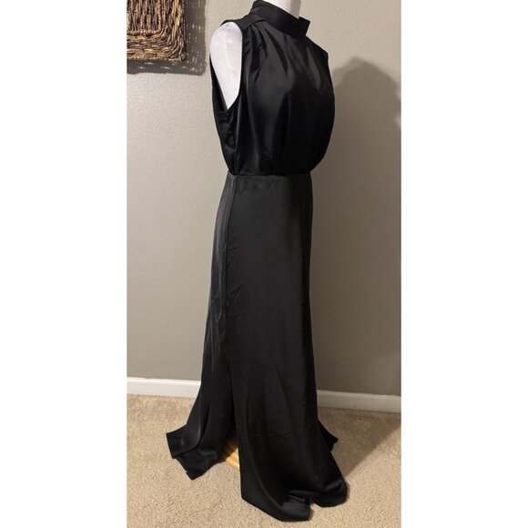 Lulus Maxi Long Dress Large Black Satin Mock Neck A Line Sleeveless NEW - Picture 10 of 12